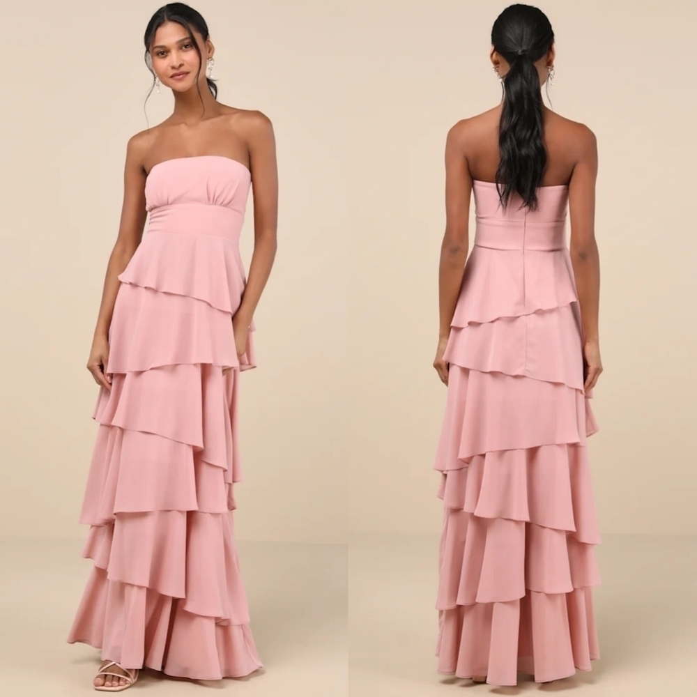 Lulus Gorgeous Essence Blush Strapless Tiered Maxi Dress L Wedding Party Formal